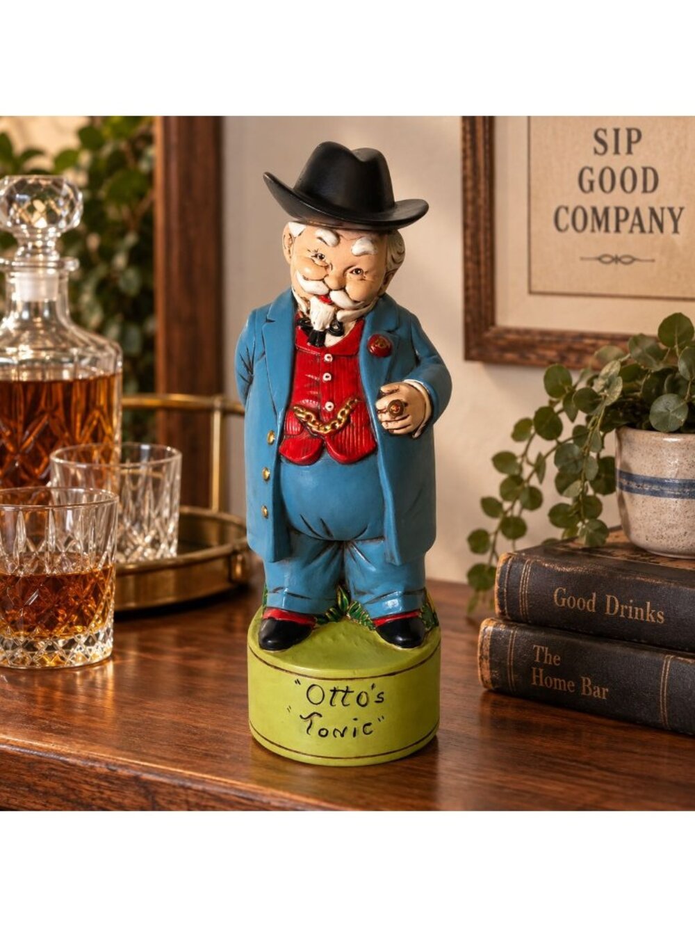 Vintage Otto's Tonic Gentleman Decanter Hand Painted Ceramic Barware Stella